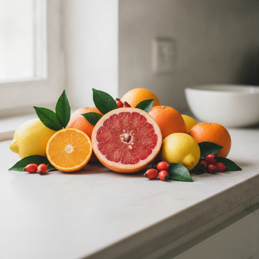 Assorted vitamins and minerals sources - citrus, greens and nuts on a light kitchen bench