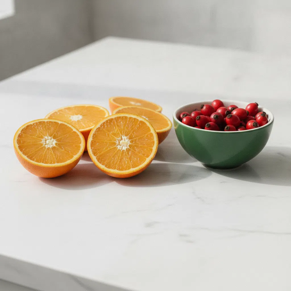 Fresh oranges and rosehips arranged on a pale kitchen bench - sources of Vitamin C